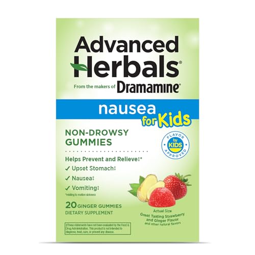 from The Makers of Dramamine Advanced Herbals Kids Gummies for Nausea Relief & Motion Sickness During Travel Strawberry & Ginger Flavor 20 Count