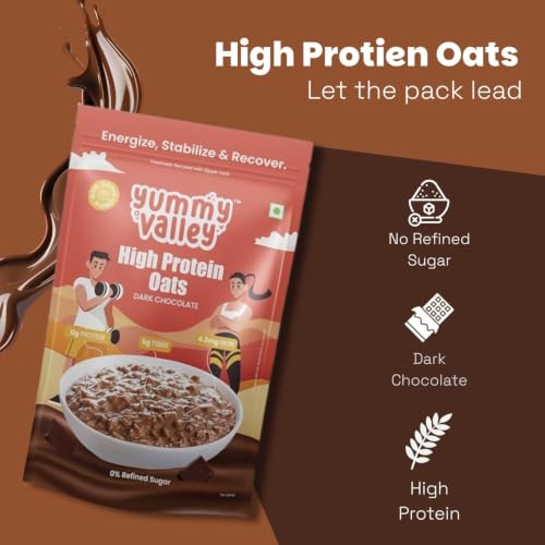 Image of Yummy Valley High Protein Oats for Adults, Dark Chocolate 230g | 12g Protein & 6g Fibre per Serve | Oats with Whey & Soy Protein | No Refined Sugar | High Protein Oats, Chocolate Breakfast Food