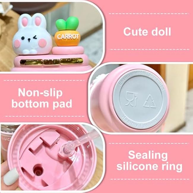 MiOYOOW Kawaii Insulated Water Bottle, 550ML Cute Cartoon Drink Bottle with Straw, Stainless Steel Travel Mug Cup for Hot & Cold Drinks