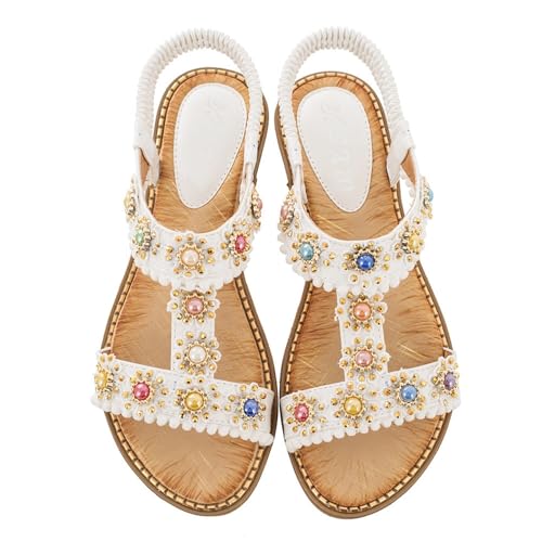 Womens Sandals Women's round toe colored diamond flat beach shoes large size sandals