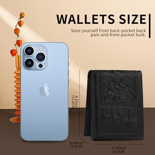 Image of Mens Rodeo Short Wallet Western RFID-Blocking Bifold Leather Wallet with ID Window - Full Grain Leather Wallets Unique Gift for Men, 02--Black
