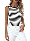 PRETTYGARDEN Summer High Neck Striped Tank Tops for Women Casual Sleeveless Sweaters Basic Ribbed Knit Slim Fitted Shirts(Striped Black White,Small)