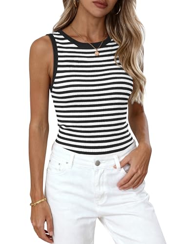 Image of PRETTYGARDEN Summer High Neck Striped Tank Tops for Women Casual Sleeveless Sweaters Basic Ribbed Knit Slim Fitted Shirts
