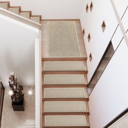 PURE ERA Carpet Stair Treads Tape Free Non Slip Indoor Stair Carpet Stair Protectors Pet-Friendly Non-Slip Skid Resistant Washable Reusable 8" x 30"(14 Pieces,Cream Gray Mini-Diamond Trellis)