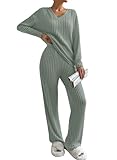 SHEWIN Pajamas for women Long Sleeve Sweater 2 Piece Sets Fall Fasion 2025 Casual Ribbed Knit Lounge Set Smoke Green M