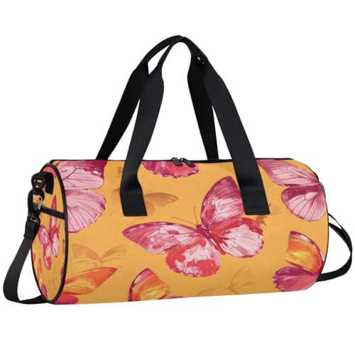 Butterflies Round Barrel Sports Fitness Bag, Yellow Travel Luggage Bag, Reusable Handbag, Suitable For Men and Women