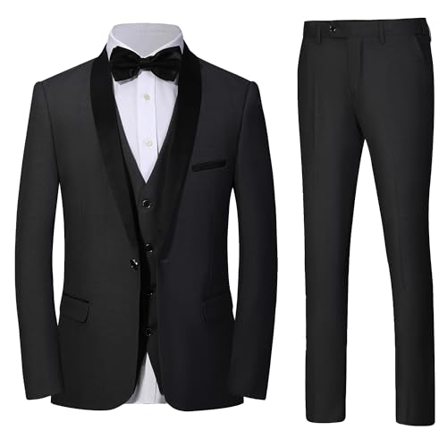 Mens 3 Pieces Suit Slim Fit Tuxedo for Men Shawl Lapel One Button Wedding Prom Party Dinner Jacket Vest Pants Set