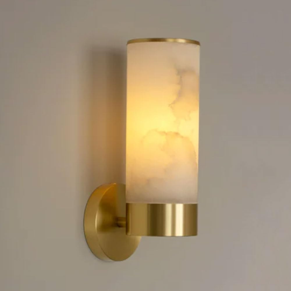 SSBHDM 10.6 Inch Cylindrical Alabaster Wall Light, Modern Industrial Style Wall Lamp, LED Light Source Copper Base Wall Sconce, Living Room Bedroom Stairs Wall Mounted Lighting Fixtures