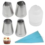 Kyuionty 4 Pcs Extra Large Piping Tips (R22L F06 9FT F02), Stainless Steel Round Icing Tips Star Square Wide X-Large Piping Tips for Jumbo Eclair Churro Meringue, with Coupler & Silicone Pastry Bag