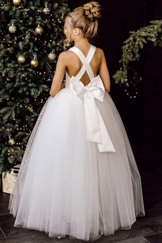 Crossed Straps Flower Girl Dress Satin Long Prom Dress with Bow Puffy Tulle Kids Pageant Dresses for Girls4