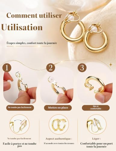 10 Paires Boucles d'Oreilles à Clip pour Femme Sans Perçage Clips Oreilles Non Percées Or Argent Boucles d'Oreilles Hypoallergéniques avec Perles Zircone et Créoles Faux Piercing Oreille pour Femme – vue 5