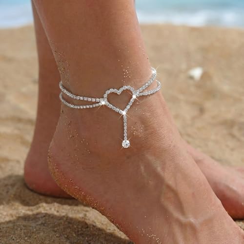 Image of Fesciory Silver Ankle Bracelets for Women, Adjustable Rhinestone Pendant Tennis Anklet, Butterfly Heart Infinite Diamond Summer Beach Foot Chain Jewelry Gifts