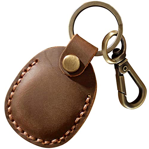 KASTWAVE Airtag Leather Case Cover, Portable Handmade Genuine Leather AirTags Tracker Holder with Keychain Protective Case Cover Compatible for AirTag 2021 Brown