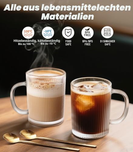 Anhow 4er Cappuccino Tassen, 350ml Latte Macchiato Gläser mit Löffel Gläser Geriffelt Espresso Tassen Set Kaffeegläser für Latte/Cappuccino… – Ansicht 3
