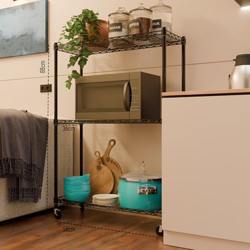 Image of 3-Shelves Wheels Heavy Duty Steel Storage Rack | Multipurpose Shelving Unit for Kitchen, Home & Utility | Black, 3 Shelves Wheels