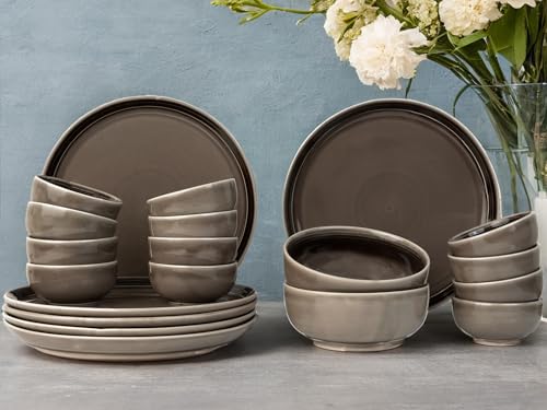 Image of Bodhi House Handcrafted Chip Resistant Porcelain Dinner Set, 20 Pieces Dish Set Serving for 6, Microwave and Dishwasher Safe, Bone-ash Free, Crockery Set for Dining and Gifting, Smoke Grey