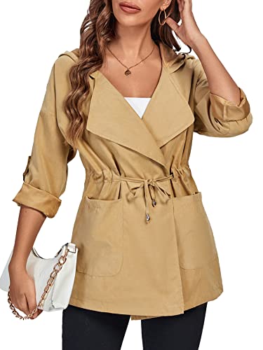 Umenlele Women’s Lapel Long Sleeve Drawstring Hooded Jackets Open Front Tie Waist Trench Coats With Pockets Khaki Small #TOP14