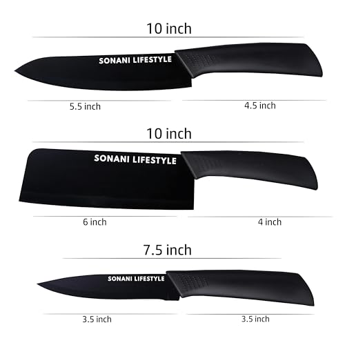 Image of Professional Piece Kitchen Knife Set - High Carbon Stainless Steel Chef, Utility & Santoku Knives with Ergonomic Blue Handles Knife (Black, 3 piece)