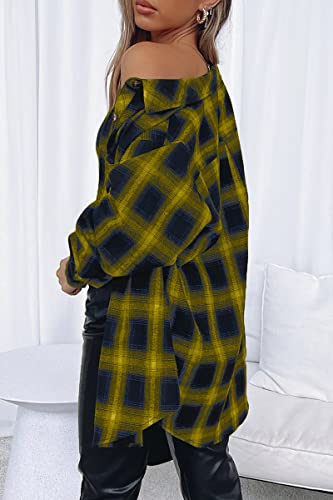 Image of CHYRII Womens Button Down Flannel Shirts Long Sleeve Plaid Shackets Business Casual Blouse Top
