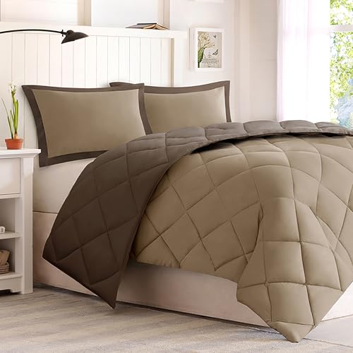 Image of Madison Park Essentials Larksppur Reversible Down Alternative 3M Scotchard Comforter Mini Set, Full / Queen, Brown / Sand