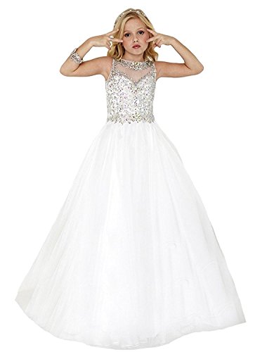 Y&C Girls Halter Crystal Floor Length Ruffled Ball Gown Beads Pageant Dresses