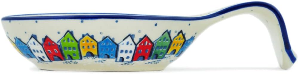 Authentic Polish Pottery Spoon Rest Signature UNIKAT in Village In Spectrum Design Handmade in Bolesławiec Poland by Ceramika Artystyczna + Certificate of Authenticity
