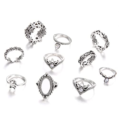 Edary Boho Gemstone Knuckle Rings Flower Carved Statement Rings Set Silver Crystal Mid Rings for Women and Girls(10PCS)