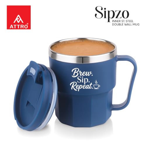 Image of ATTRO Sipzo Double Wall Inner Steel Coffee Mug, 350ml, Microwave Safe, Stainless Steel Inner, BPA Free Food Grade Outer, Leakproof Lid with Dust Cover, Wide Mouth, Office & Travel Mug-Blue
