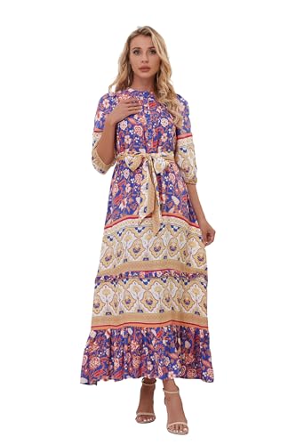 Image of Women Boho High-Waist Floral Print Maxi Dress 3 /4 Sleeve Casual | Soft Rayon, Breathable, Quick-Dry. High-Waist with Adjustable Belt, Flattering Hem. Ideal for Beach, Work & Dating.