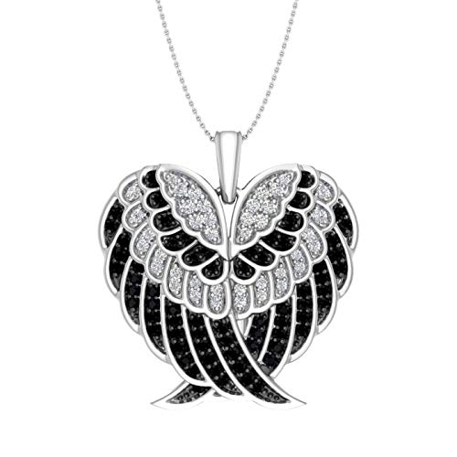 1 2 Carat Black and White Diamond Angel Wings in Heart Shaped Necklace in 925 Sterling Silver