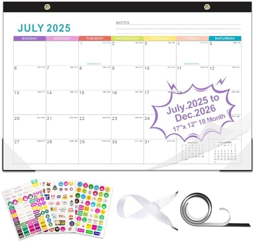 Gannyfer 2025-2026 Desk Calendar, Fridge Calendar Magnet, 18 Monthly Large Yearly Desktop/Wall Calendar, July 2025 - Dec 2026, with Plastic Cover Hanging String Corner Protectors, 17