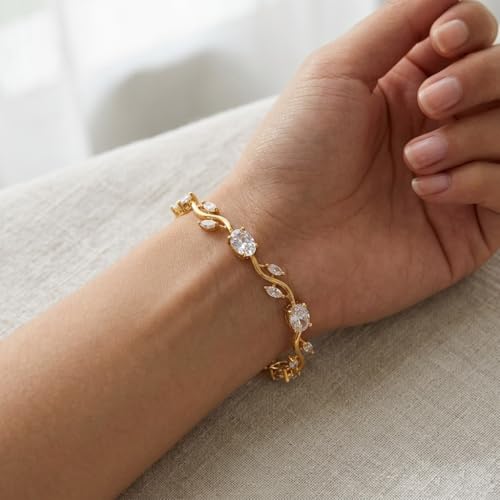 Image of Inites Fairy Bloom Floral Tulip Bracelet With White Clear Crystal Stones For Girls & Women | Elegant Anti Tarnish Golden Chain Link Floral Branches Bracelet Lightweight Jewelry For Daily Wear & Gifts