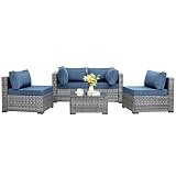 shintenchi 5 pieces outdoor patio sectional sofa couch silver gray pe wicker furniture conversation sets with washable cushions glass coffee table for garden poolside backyard aegean blue 