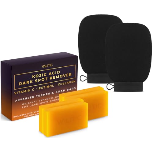 VALITIC 4 Pack Kojic Acid Dark Spot Corrector Soap Bars with Vitamin C, Retinol, Collagen, Turmeric - Original Japanese Complex - Hyaluronic Acid Bundle with 2 Black Exfoliating Gloves for Body Scrub