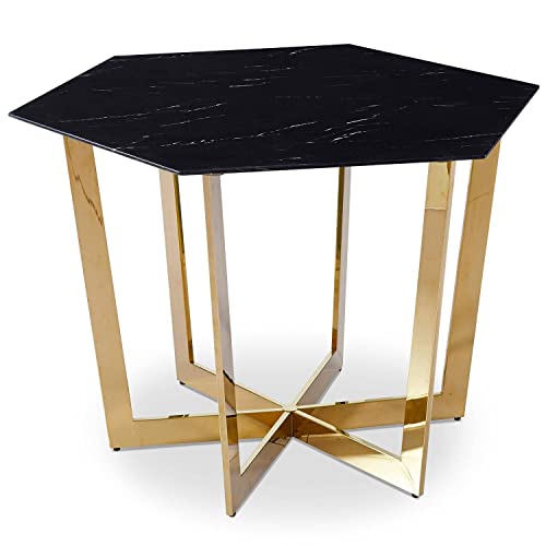Menzzo Table hexagonale ZADIG 120 cm – Plateau Verre Effet marbre Noir & Pieds métal doré – Table Salle à Manger Design pour 6 Personnes