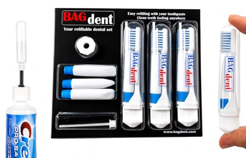 Bagdent Travel Toothbrushes and Toothpaste Empty Containers - 10 PCS/Set: 3X Foldable Toothbrushes, 6X Empty Refillable Tubes (0.12oz), 1x Filling Adapters, Travel Set, Emergency Set, Daily Use