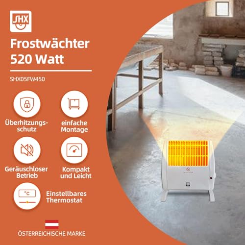 SHX Frostwächter mit Wandhalterung 450W SHX05FW450 – Frostwächter mit regelbarem Thermostat, 450 Watt, Standgerät oder Wandmontage, weiß