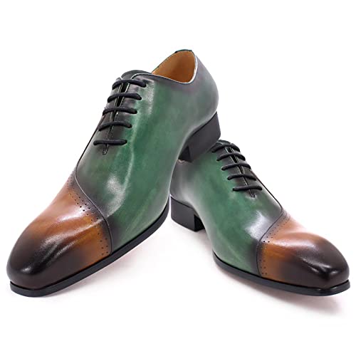 Mens Brown and Green Leather Uniform Shoes Dress Formal Lace Up Derby Shoe Classic Work Oxfords Office Wedding,Brown-424