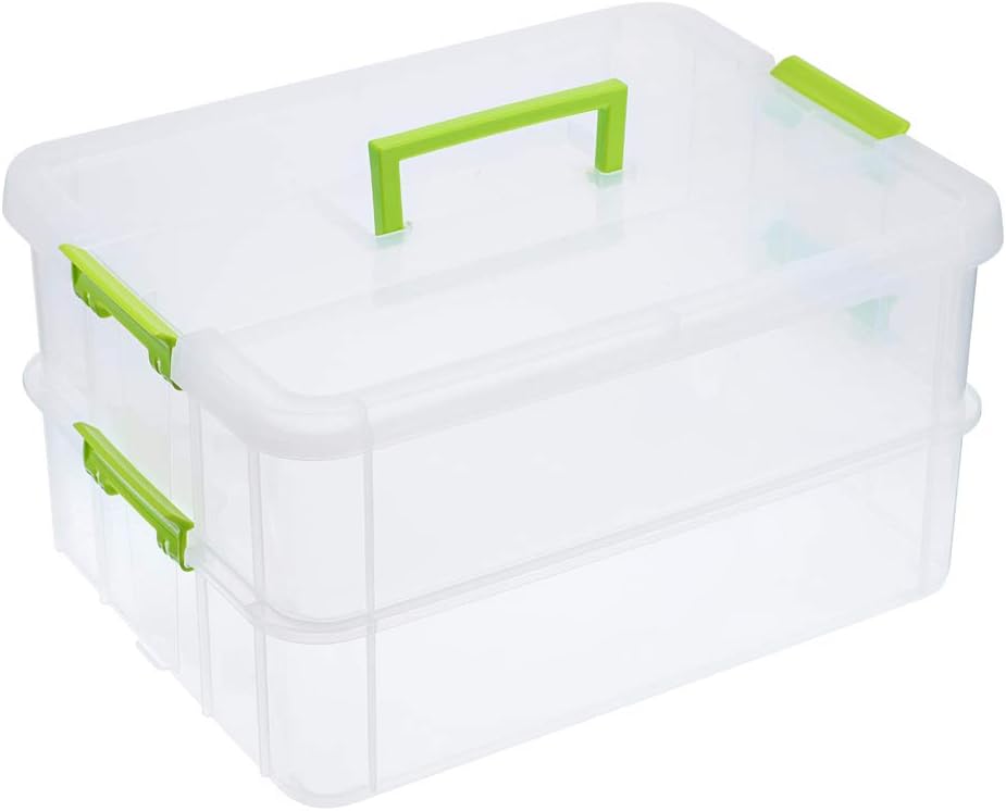 2-Tiers Stack Carry Storage Box With Handle, Transparent Stackable Storage Bin With Handle Lid Latching Storage Container for School & Office Supplies (Green)