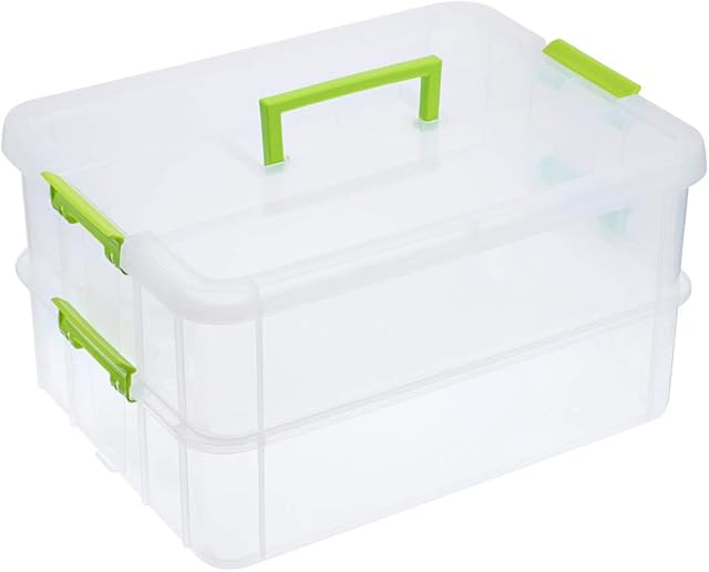 SUMNACON 2-Tier Stackable Craft Storage Box Plastic Adjustable Storage Containers with Carry Handle Transparent Containers Organiser for Art & Craft Toys, Sewing Accessories, Green