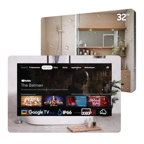 SYLVOX Smart Mirroir TV 32 Pouces pour Salle de Bain FHD| IP66 étanche Antidéflagrant DC 12V Google TV |60Hz|Chromecast|Google Assistant|HBBTV|Google Play|WiFi & Bluetooth|500 nits|Miroir 2024