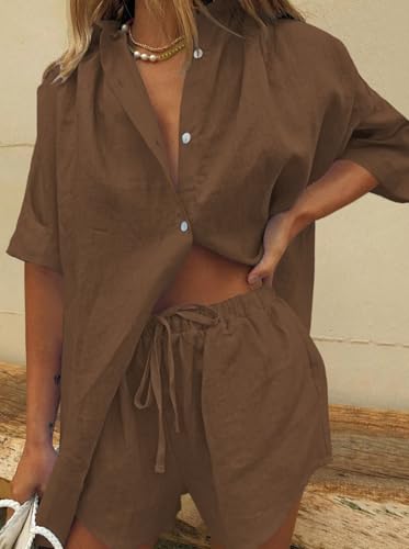 Image of Fixmatti Women 2 Piece Outfits Long Sleeve Button Down Blouse and Shorts Sweatsuit Sets