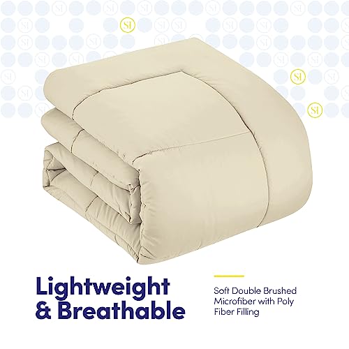 Sweet Home Collection 7 Piece Comforter Set Bag Solid Color All Season Soft Down Alternative Blanket & Luxurious Microfiber Bed Sheets, Beige, Queen