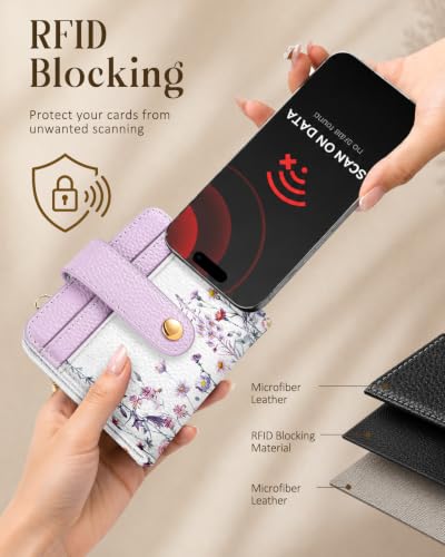 Image of Bistup Small Card Wallet for Women with Keychain, Purple Floral | durable material, clear ID window,, compact design for daily carry, sturdy keychain, aesthetic