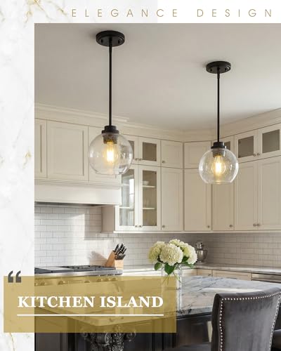 Image of 2-Pack Pendant Lights Kitchen Island, 7 inch Modern Black Hanging Lights Fixtures with Clear Seeded Glass Globe Shade, Kitchen Island Lighting for Bathroom, AD-22280-1P2-BK-S