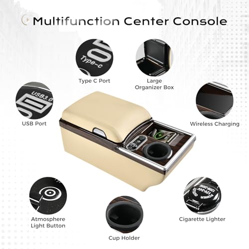 Image of Coverado Center Console, Universal Bench Seat Center Console with Wireless Charging & Cup Holder & 7 Light Modes, Truck Back Seat Car Organizer, Rear Central Car Armrest Box with Storage, Beige