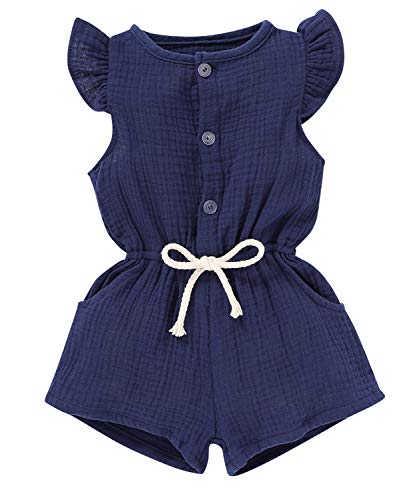 YOUNGER TREE Toddler Baby Girls Linen Outfits Summer Short Flying Sleeve Solid Color Jumpsuit (Navy, 12-18 Months)