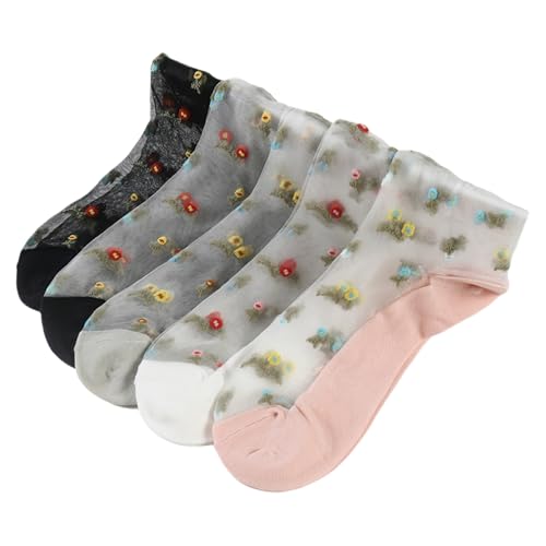 Benefeet Sox 5 Pairs Sheer Socks Thin Mesh Lace Socks for Women Transparent See Through Ankle Colorful Nylon Sock Floral Patterned Jacquard Crystal Glass Sock Flower Vintage Fashion Crew