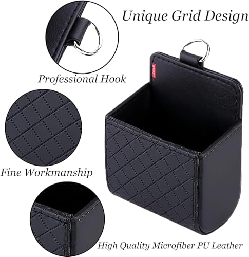 Image of Car Auto Air Vent Leather Tidy Storage Hanging Bag Case Organizer for Keys, Coin, Cell Phone & Glasses. Universal Vehicle Small Bucket with Hook. Keep Your Car Organized | Pack 2 | Black