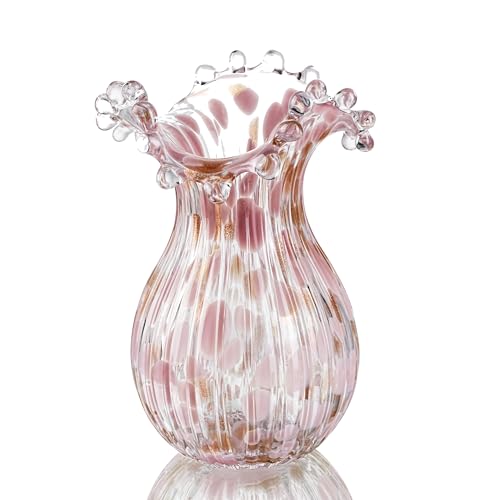 QFkris Handblown Glass Vase, Modern Art Flower Vase with Pink